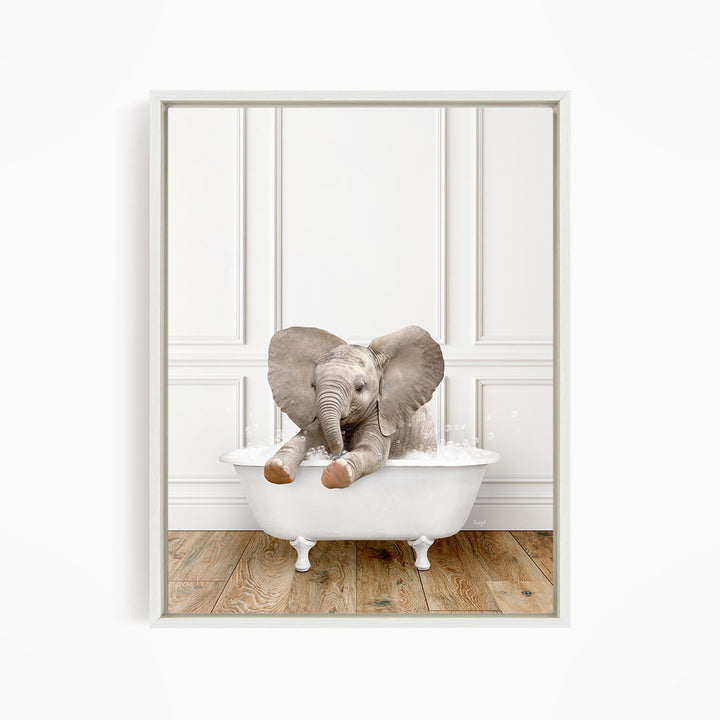 A baby elephant sitting in a white bathtub, with its trunk in the water, creating a playful and whimsical scene.