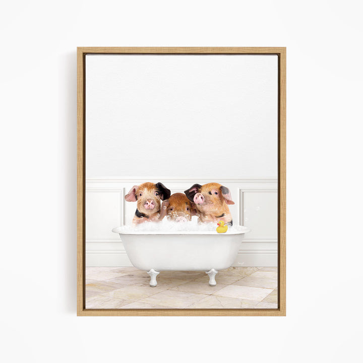 Three adorable pigs sitting in a white bathtub, enjoying a bath together.