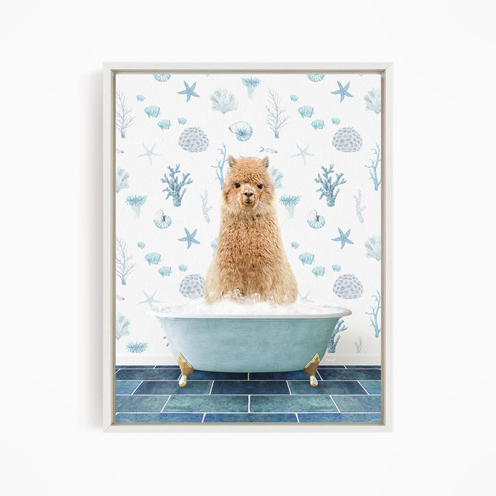 A fluffy brown dog sitting in a blue bathtub filled with bubbles, surrounded by a pattern of seashells and starfish.