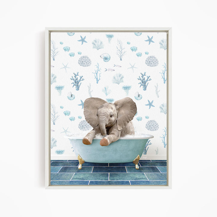 A baby elephant sitting in a bathtub filled with water, surrounded by blue and white seashells and starfish on the wall behind it.