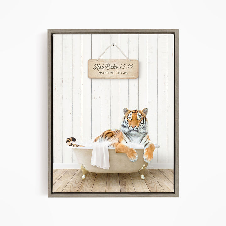 A tiger resting in a bathtub, with a sign above that reads "Hot Bath $2.00 Wash Your Paws".