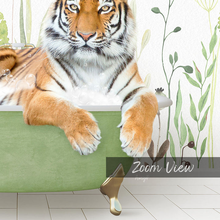 A tiger resting in a green bathtub, surrounded by plants and flowers, with the text "Zoom View" visible.
