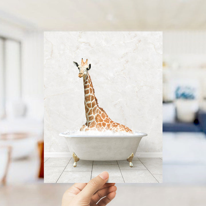 A giraffe sitting in a bathtub filled with bubbles, creating a whimsical and playful scene.