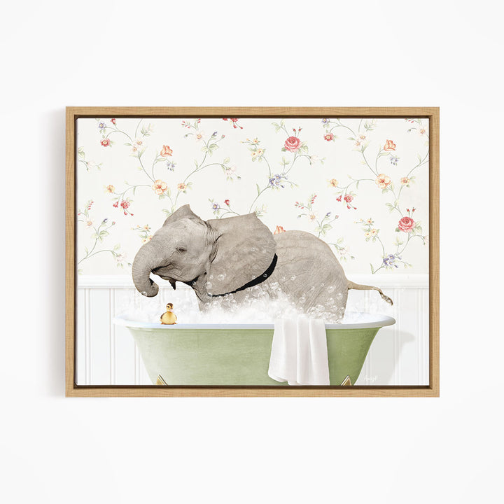 A gray elephant is sitting in a green bathtub, surrounded by a floral wallpaper.