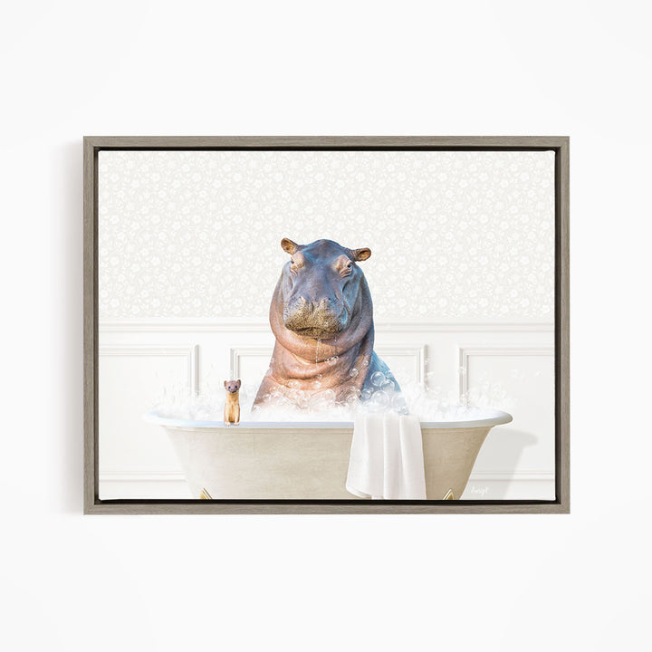 A hippopotamus sitting in a bathtub filled with water, surrounded by bubbles, with a small cat nearby.