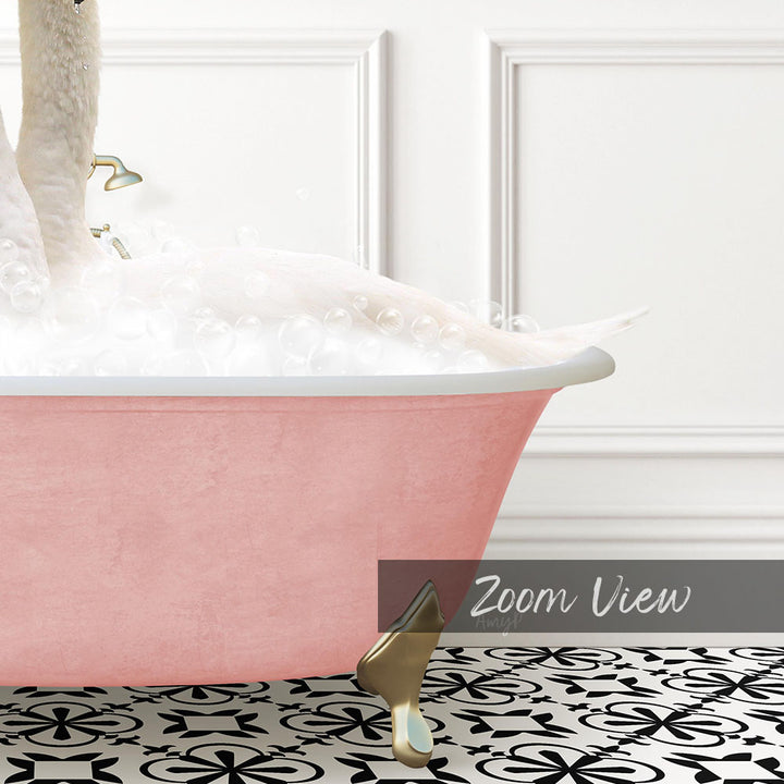 A pink bathtub filled with bubbles, with a gold faucet and a gold bathtub stopper, set against a white wall with a black and white patterned floor.