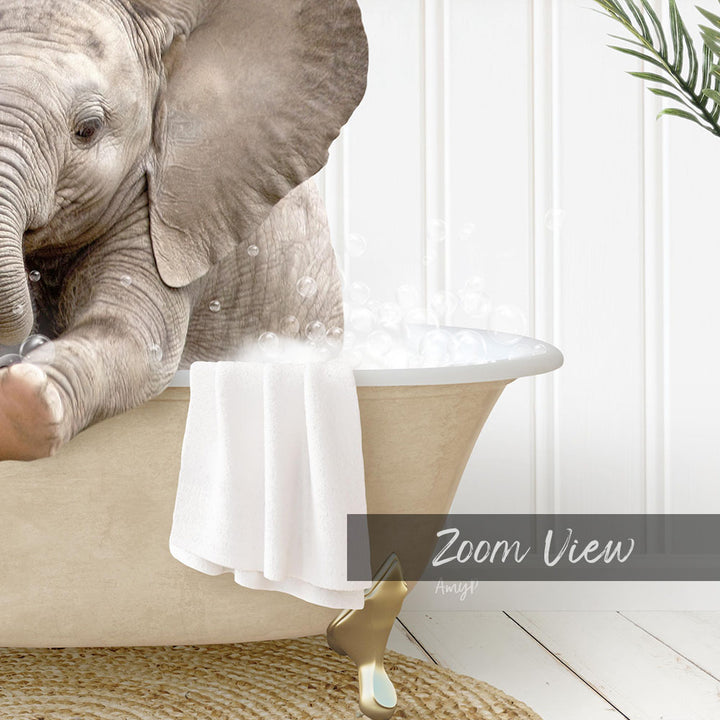 A baby elephant sitting in a bathtub filled with water, surrounded by a towel and a plant.
