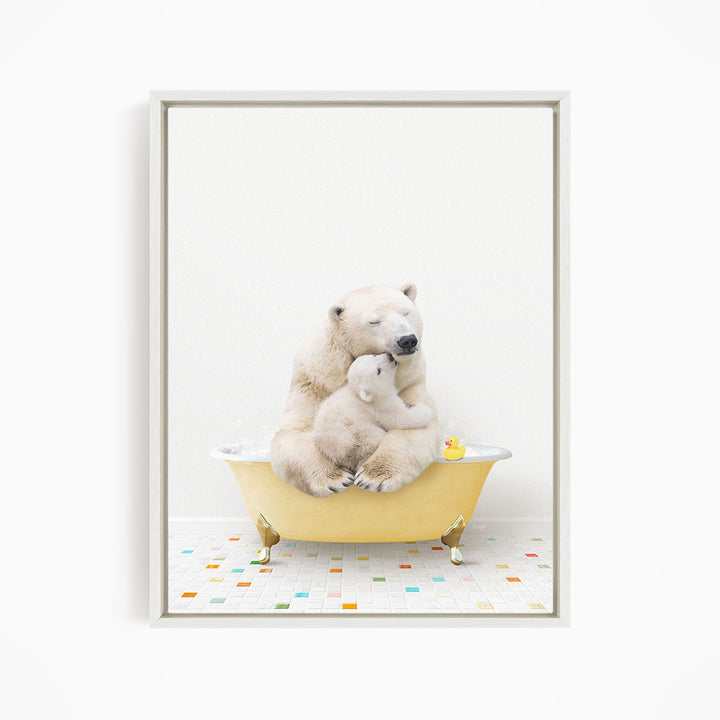 A polar bear is sitting in a yellow bathtub, surrounded by a tiled floor and a rubber duck.