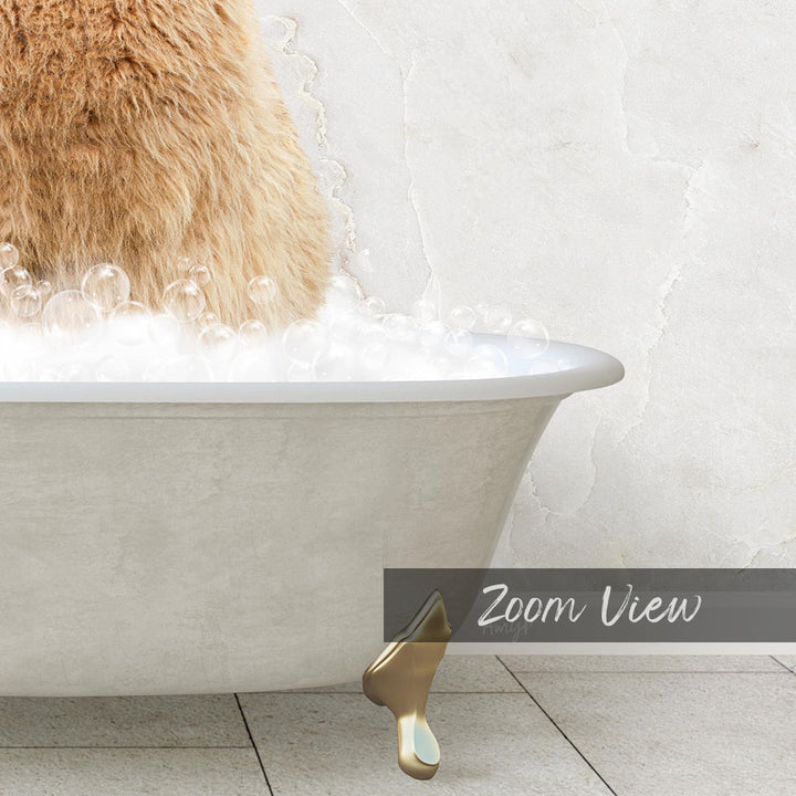 A fluffy brown cat is sitting in a white bathtub filled with bubbles, creating a cozy and relaxing scene.