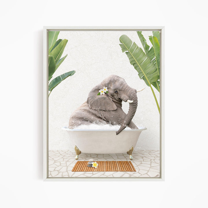 A gray elephant is sitting in a white bathtub, surrounded by green leaves and flowers, creating a whimsical and relaxing scene.