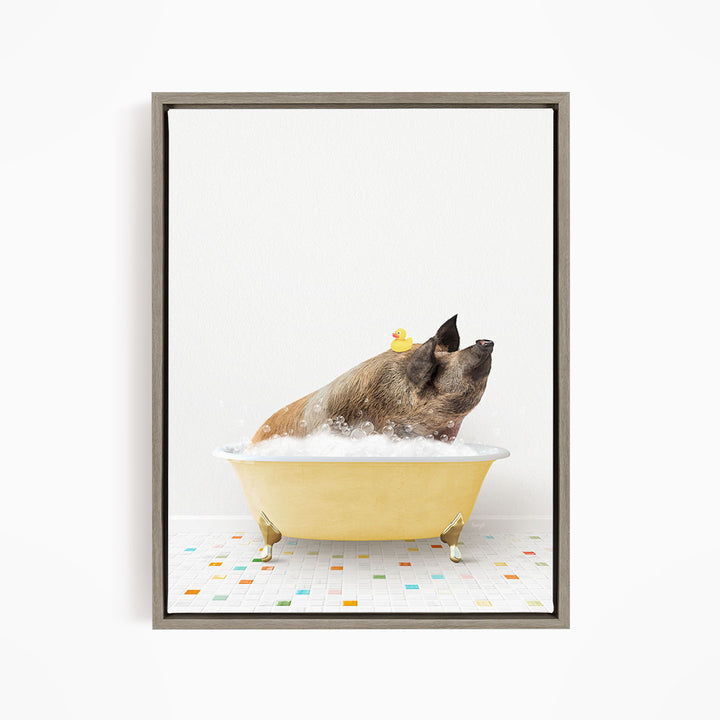 A brown dog is sitting in a yellow bathtub filled with bubbles, with a rubber duck floating on the water.
