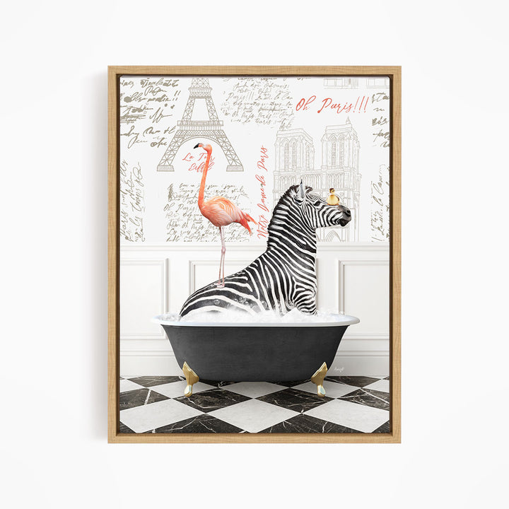 A framed image depicting a zebra sitting in a bathtub, with a pink flamingo standing on its back. The background features a wall with the Eiffel Tower and other Parisian landmarks.