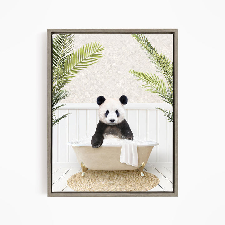 A panda bear sitting in a bathtub filled with water, surrounded by green palm leaves.