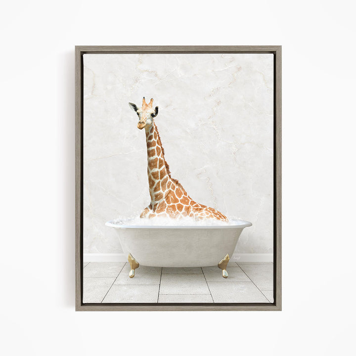A giraffe sitting in a white bathtub filled with bubbles, creating a whimsical and playful scene.