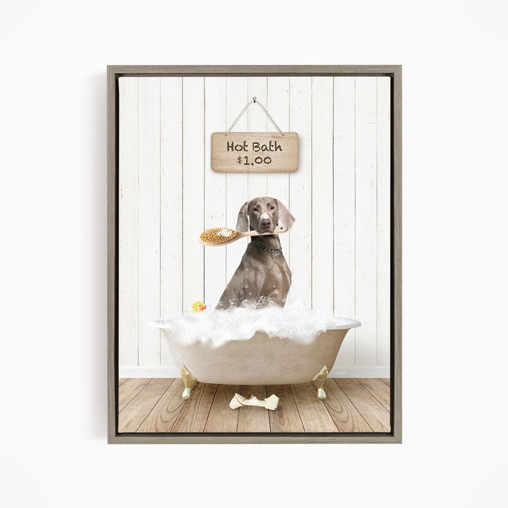 A dog sitting in a bathtub filled with bubbles, holding a toy in its mouth, with a sign above that says "Hot Bath $1.00".