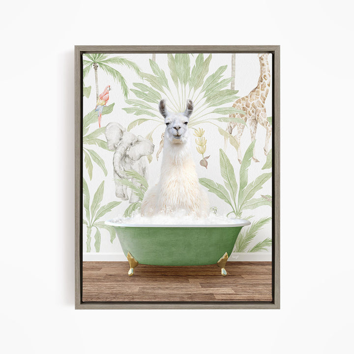 A white llama sitting in a green bathtub, surrounded by tropical foliage and animals, including a giraffe and a parrot.