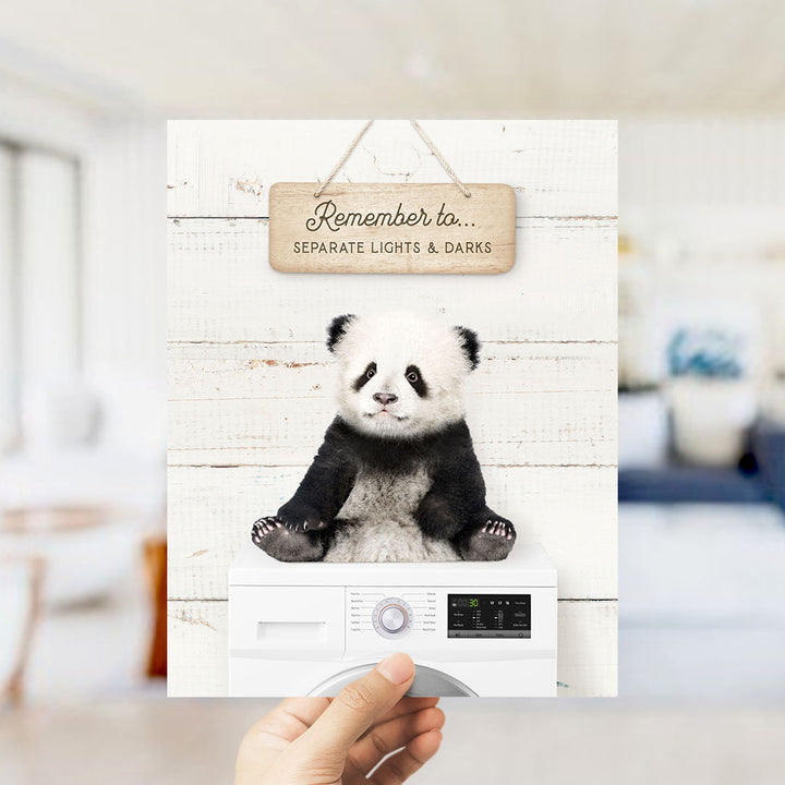 A hand holding a poster with a panda bear sitting on top of a washing machine, with a wooden sign above the panda that says "Remember to separate lights & darks".