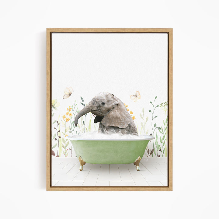 A baby elephant sitting in a green bathtub filled with water, surrounded by flowers and butterflies.