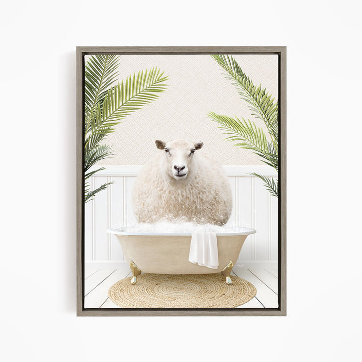 A fluffy white sheep sits in a white bathtub, surrounded by green palm leaves, creating a whimsical and relaxing scene.