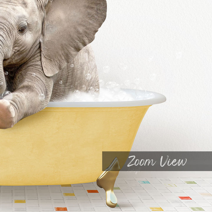 A baby elephant sitting in a yellow bathtub filled with bubbles, surrounded by colorful tiles on the floor.
