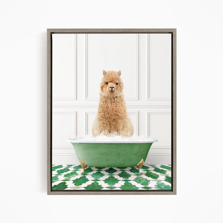 A fluffy brown dog sitting in a green bathtub filled with bubbles, surrounded by a green and white patterned floor.