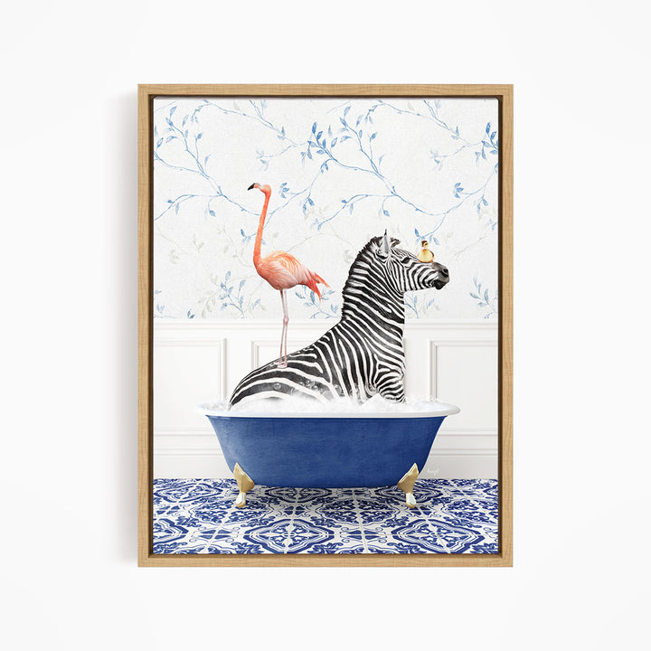 A zebra is sitting in a blue bathtub, with a pink flamingo standing on its back legs and a bird perched on its head.