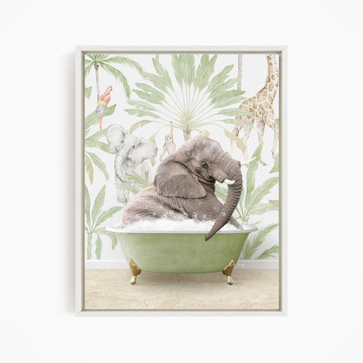 A large elephant is sitting in a green bathtub, surrounded by tropical foliage and other animals, creating a whimsical and playful scene.