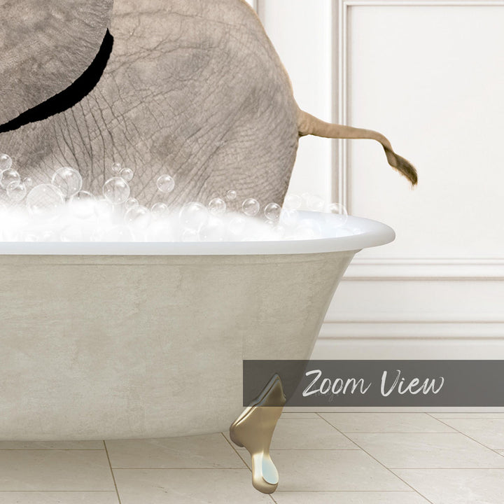 A bathtub filled with bubbles, with an elephant's tail and trunk partially submerged in the water.