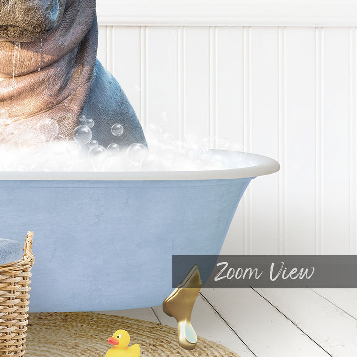 A bathtub filled with bubbles, with a rubber duck and a basket nearby.