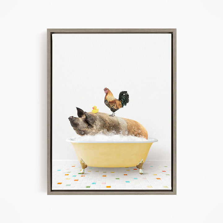 A pig is lying in a yellow bathtub filled with water, surrounded by a rooster and a yellow rubber duck.