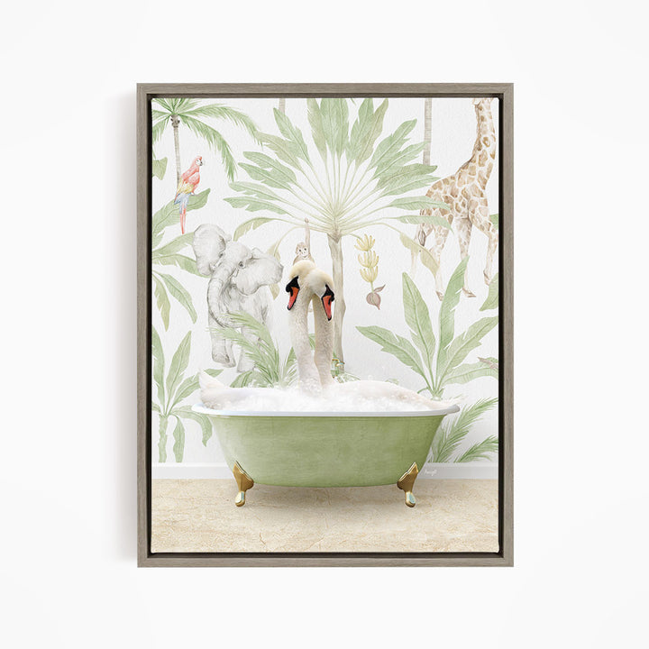 A framed print depicting a scene with a green bathtub filled with bubbles, surrounded by various animals such as a giraffe, elephant, and swans.