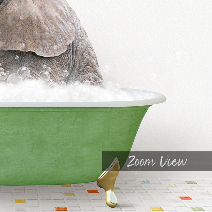 A green bathtub filled with bubbles, with a small elephant sitting inside.