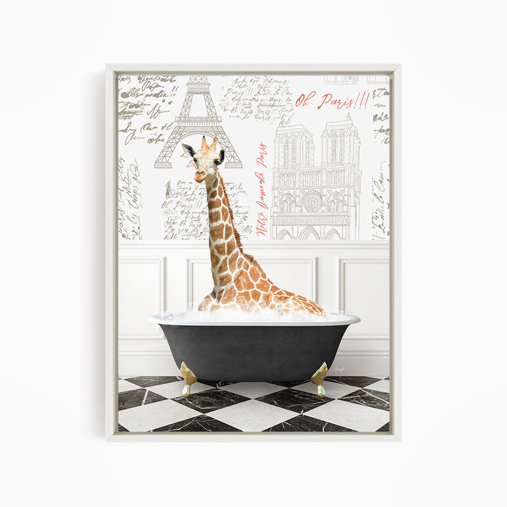 A giraffe sitting in a bathtub filled with water, surrounded by a Paris-themed background with the text "Oh Paris!!!"