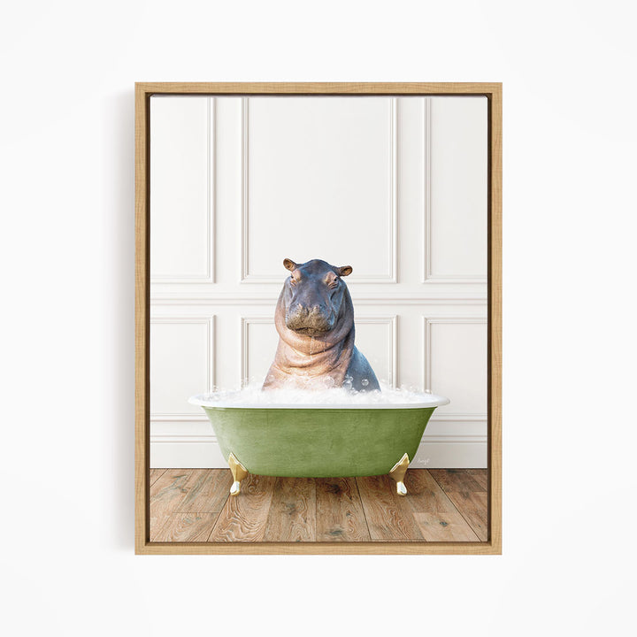 A hippopotamus sitting in a green bathtub filled with water, creating a whimsical and playful scene.