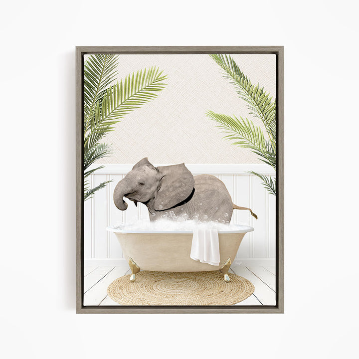 A gray elephant is sitting in a white bathtub filled with water, surrounded by green palm leaves.