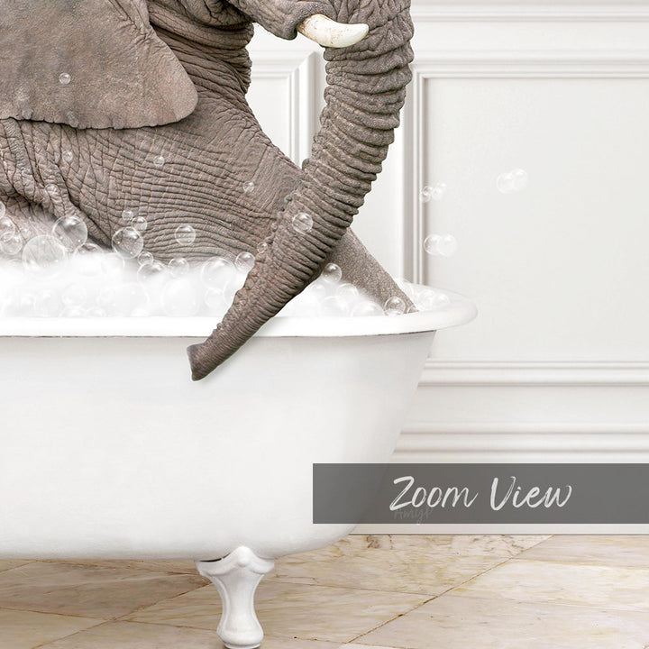A large gray elephant is sitting in a white bathtub filled with bubbles, creating a whimsical and playful scene.