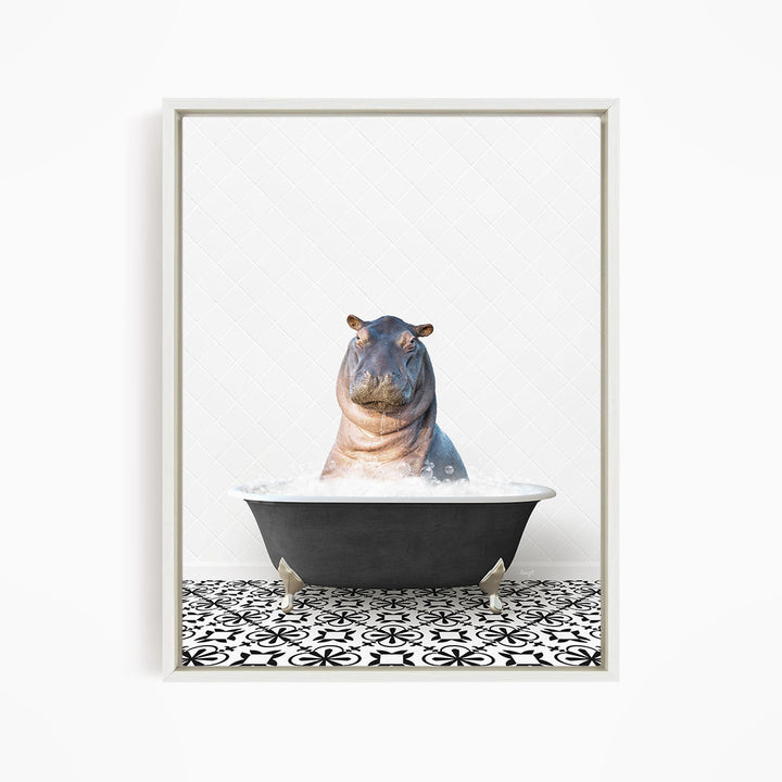 A hippopotamus sitting in a bathtub filled with water, surrounded by a black and white patterned floor.