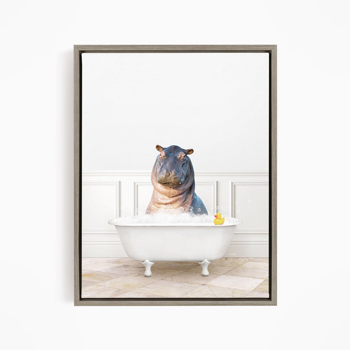 A hippopotamus sitting in a bathtub filled with water, with a rubber duck floating nearby.
