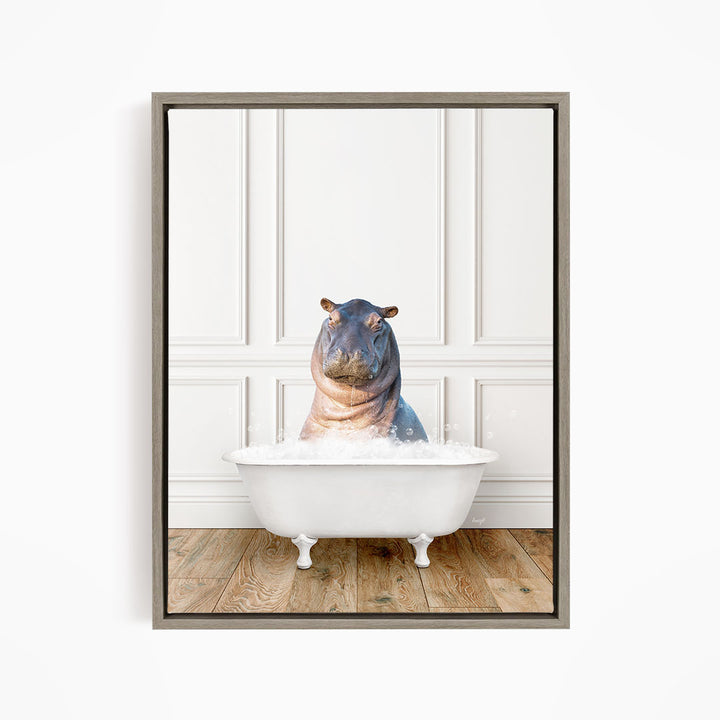 A hippopotamus sitting in a white bathtub filled with water, creating a whimsical and playful scene.