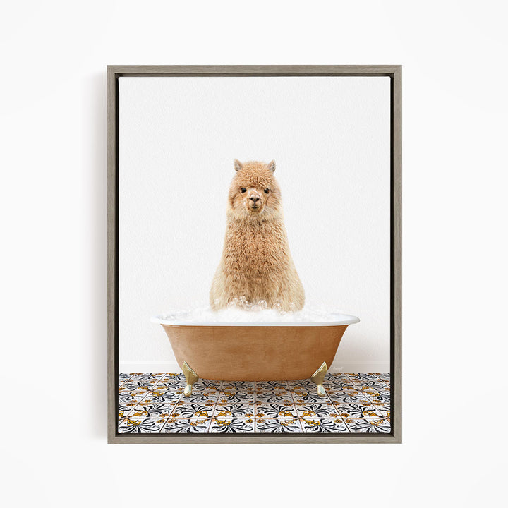 A fluffy brown dog sitting in a bathtub filled with bubbles, looking directly at the camera.