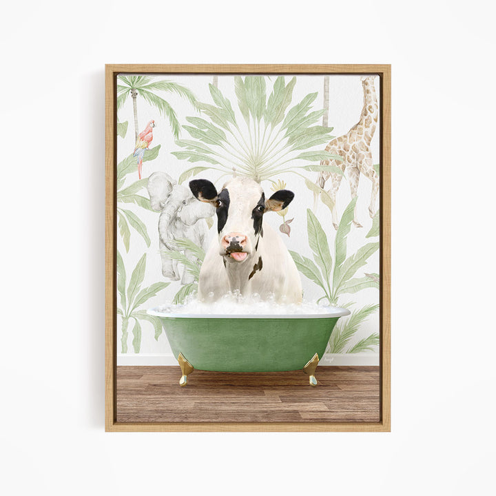 A cow is sitting in a green bathtub filled with water, surrounded by tropical plants and animals, such as a giraffe and a parrot, in a whimsical and playful scene.