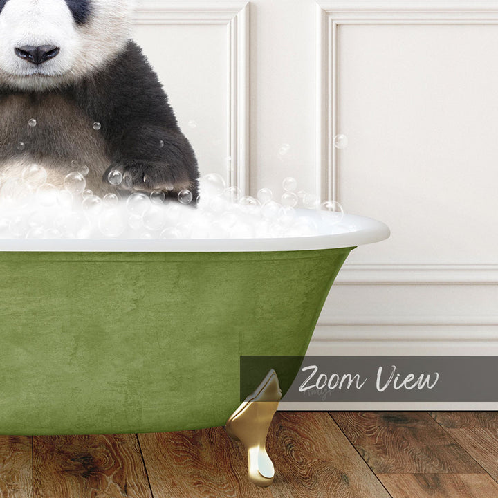 A panda bear sitting in a green bathtub filled with bubbles, with a white wall in the background.