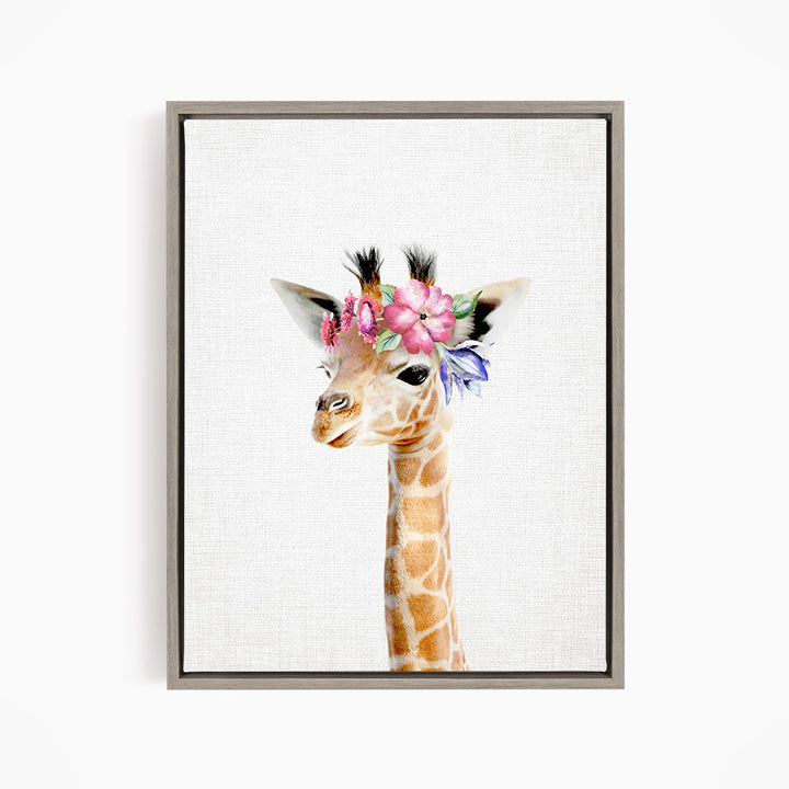 A giraffe wearing a colorful flower crown is the central focus of the image.