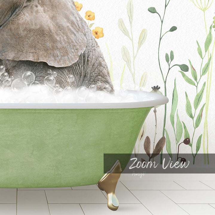 A green bathtub filled with bubbles, with a large elephant sitting inside and surrounded by a floral wall.