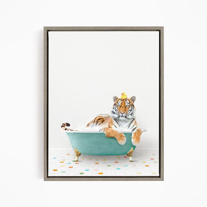 A tiger wearing a yellow crown is sitting in a green bathtub, surrounded by colorful tiles on the floor.
