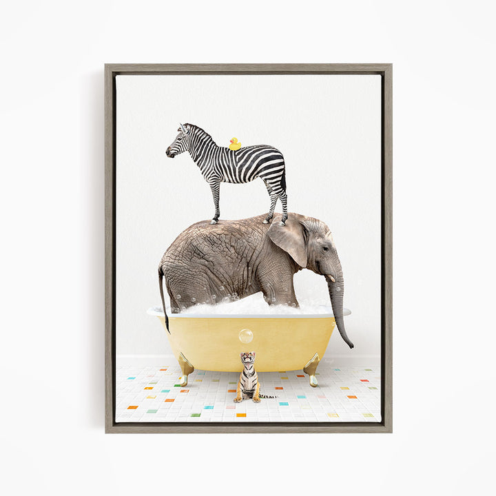 A zebra stands on the back of an elephant, which is submerged in a yellow bathtub, with a small tiger sitting nearby.