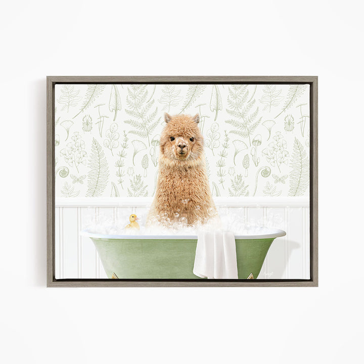 A fluffy brown alpaca sitting in a green bathtub filled with bubbles, surrounded by a patterned wallpaper.