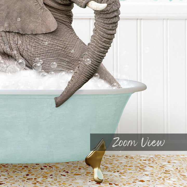 A large elephant is sitting in a light blue bathtub filled with bubbles, with its trunk submerged in the water.