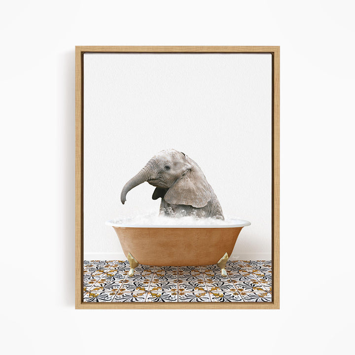 A baby elephant sitting in a bathtub filled with water, surrounded by a patterned tile floor.