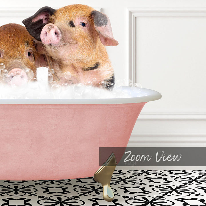 A pink bathtub filled with bubbles, with two adorable pigs sitting inside and enjoying the bath.